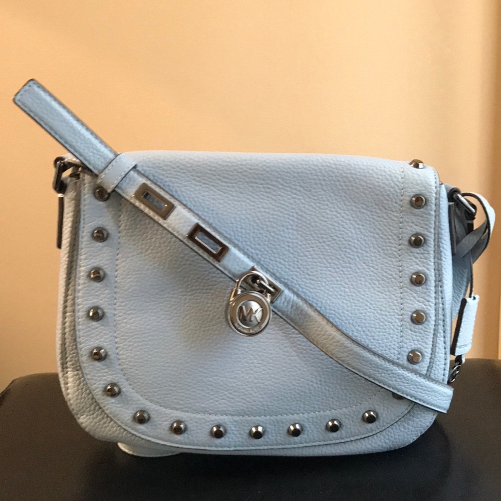 MICHAEL Michael Kors Light Blue/Gunmetal Pebbled Leather Flap Crossbody